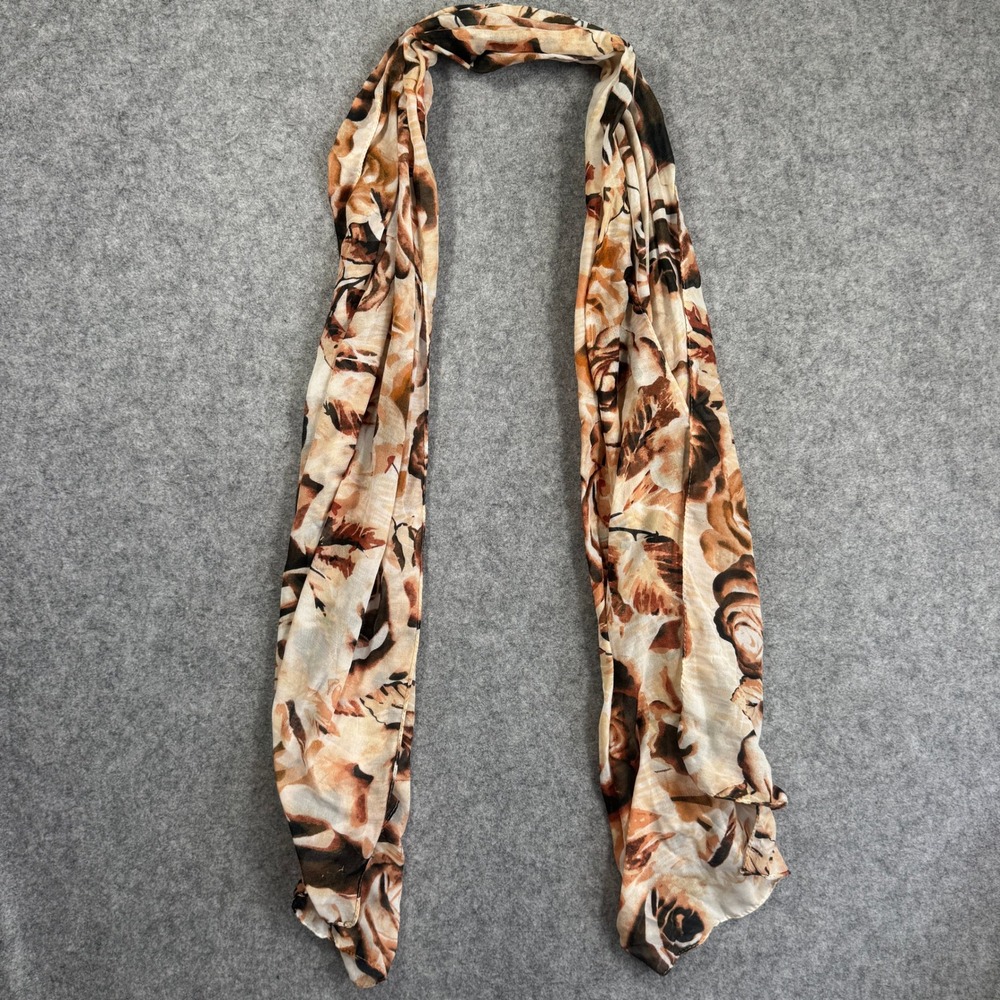 Unbranded Womens Floral Rose Print Scarf One Size Brown Tan Lightweight Mesh